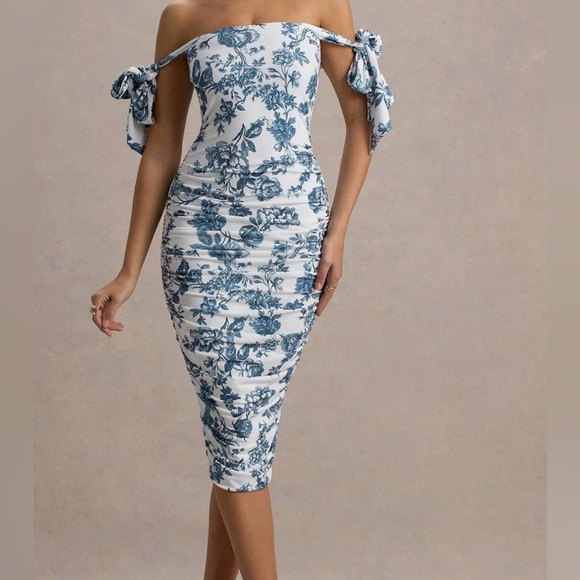 Club L London Dresses & Skirts - Club L London White with Blue Porcelain Floral Print Bardot Bodycon Midi Dress